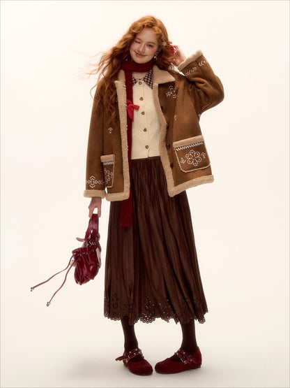 Eyelet Hem Suede Long Skirt