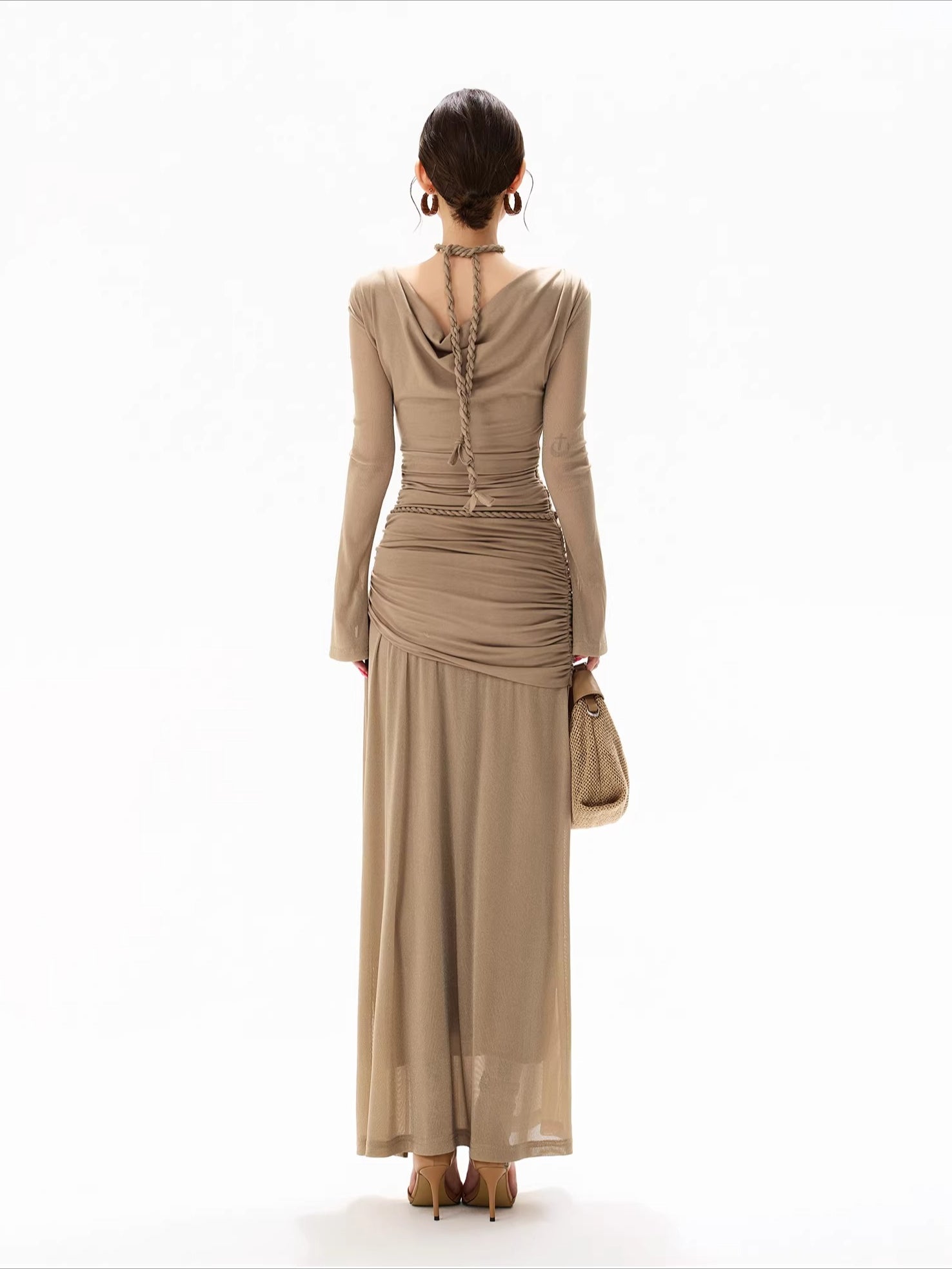 Greige Halter Knit Mesh Maxi Dress
