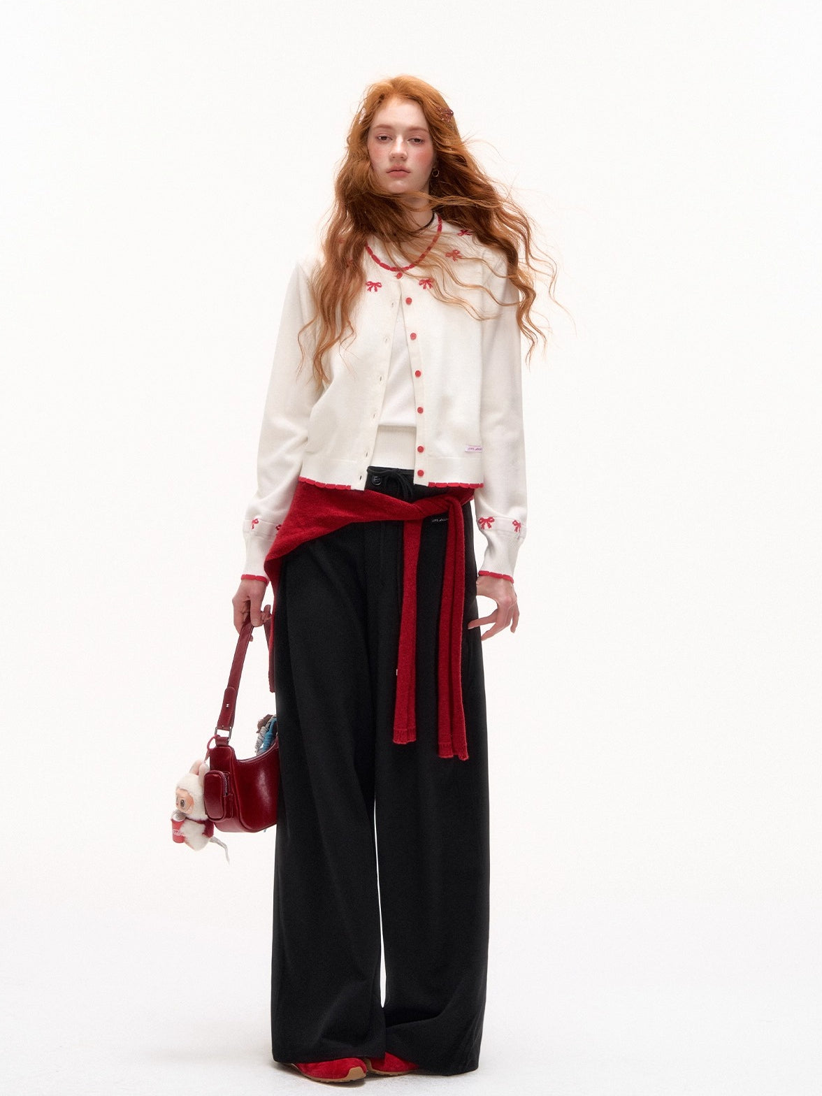 Lace-Trim Waist Tie Wide-Leg Pants