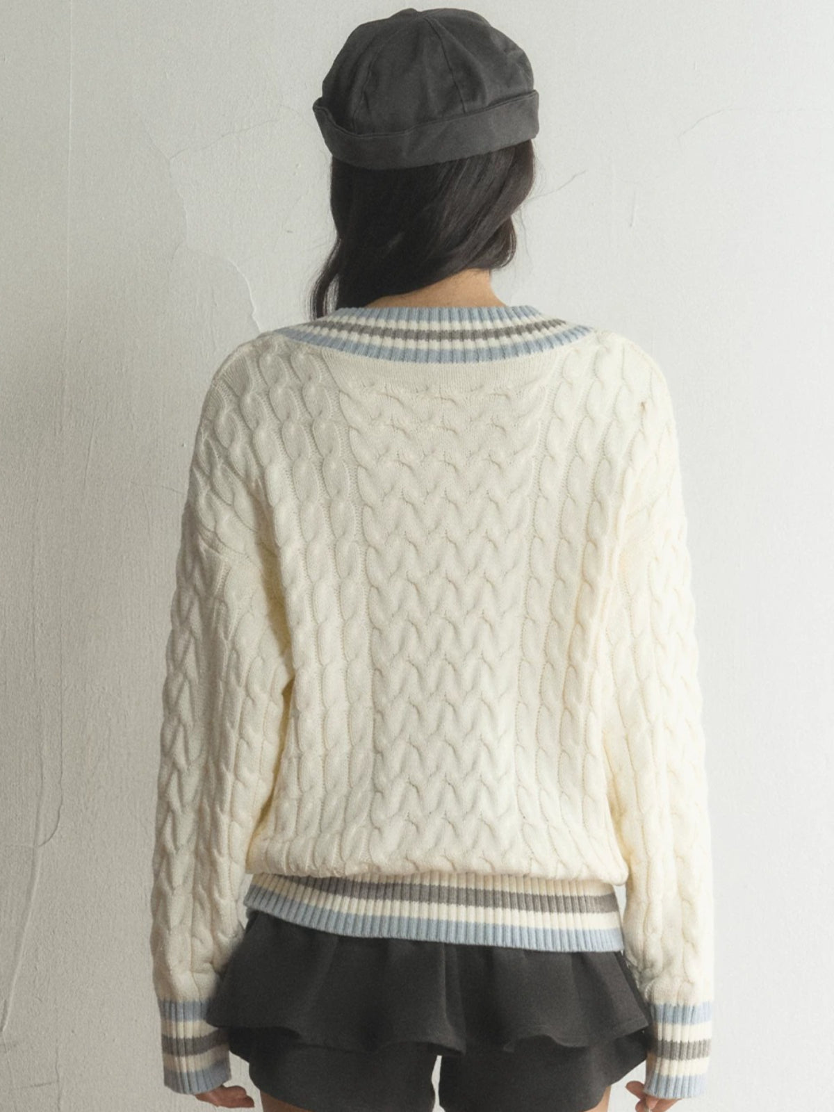 Preppy Contrast V-Neck Cable-Knit Sweater