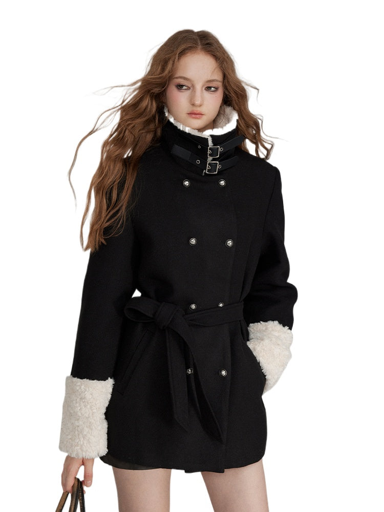 Belted Faux Fur-Cuff Mid-Length Coat
