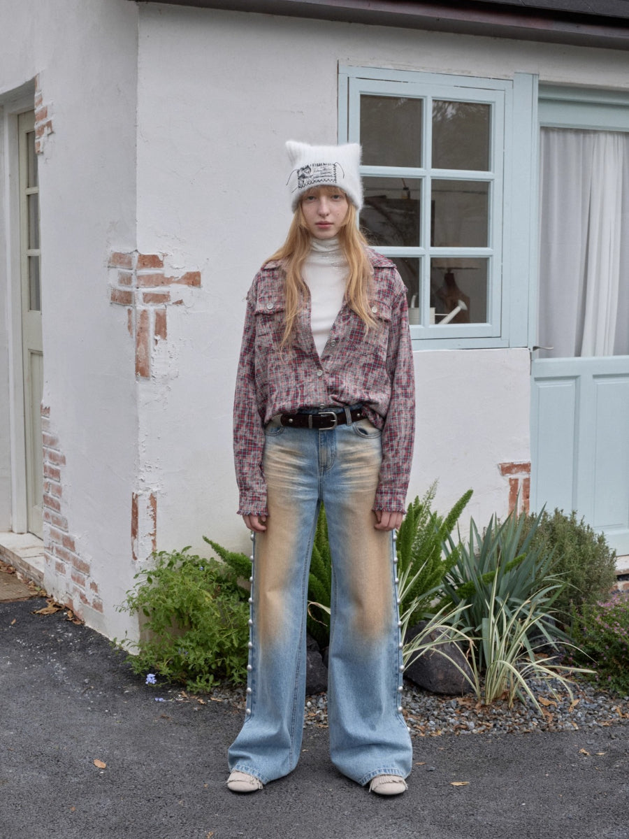 Washed Plaid Frayed-Edge Fitted Shirt