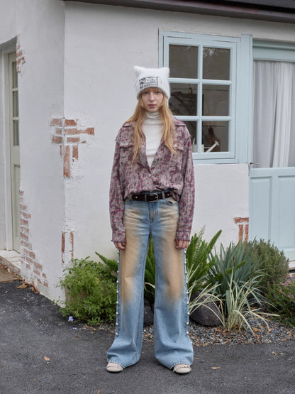 Washed Plaid Frayed-Edge Fitted Shirt