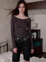 Off-Shoulder Badge Print Long Sleeve T-shirt