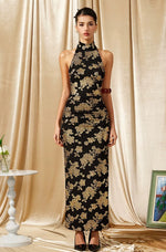 Black Gold Halter Qipao Evening Dress