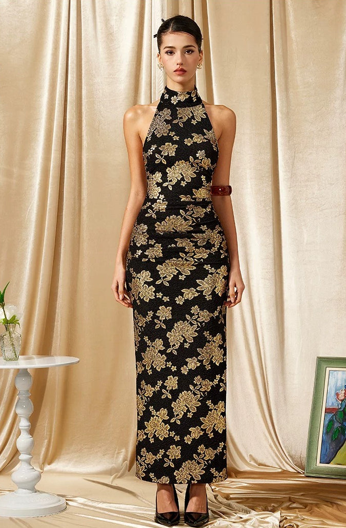 Black Gold Halter Qipao Evening Dress