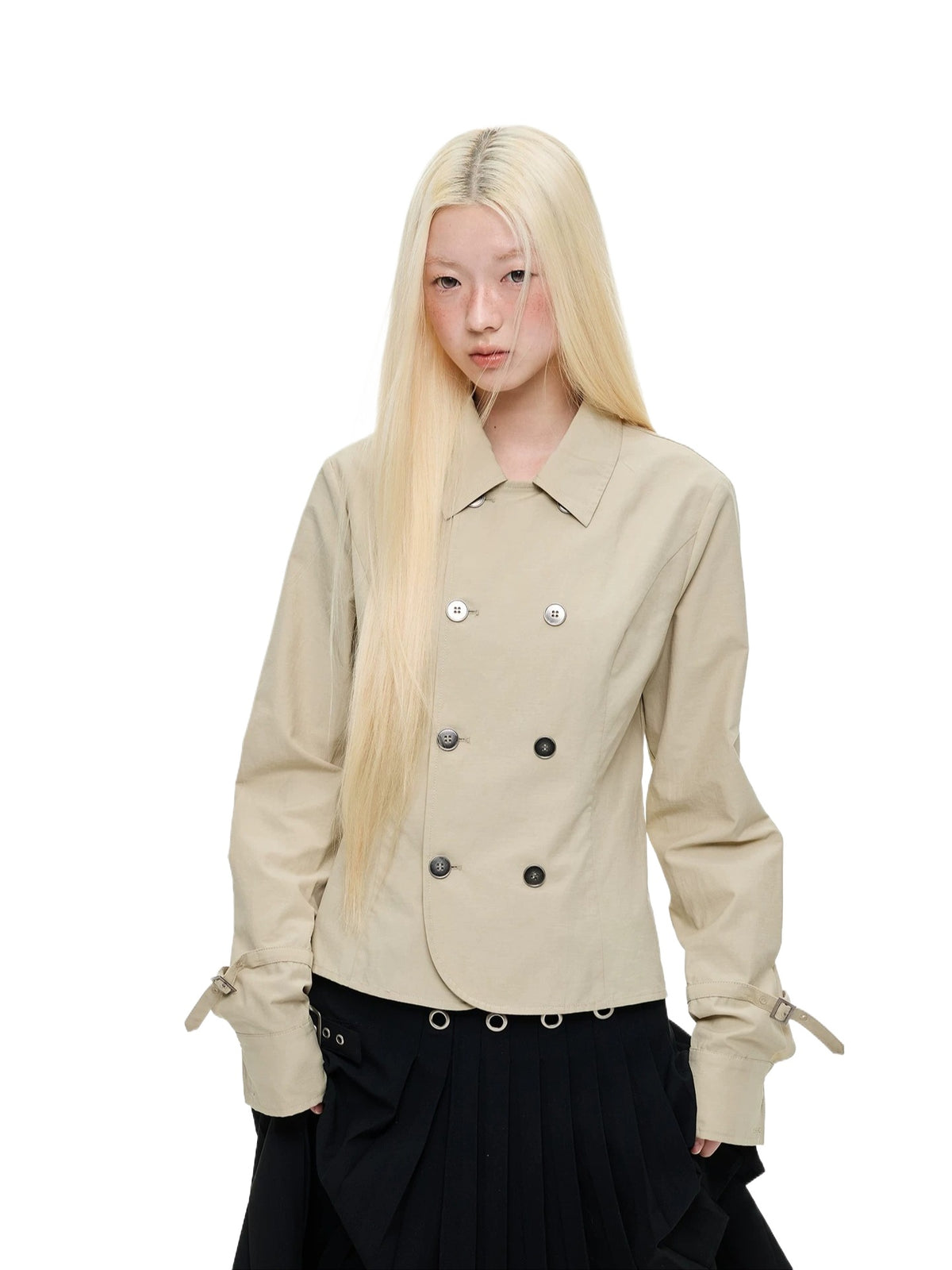 Khaki &amp; Gray Double-Breasted Cropped Shirt