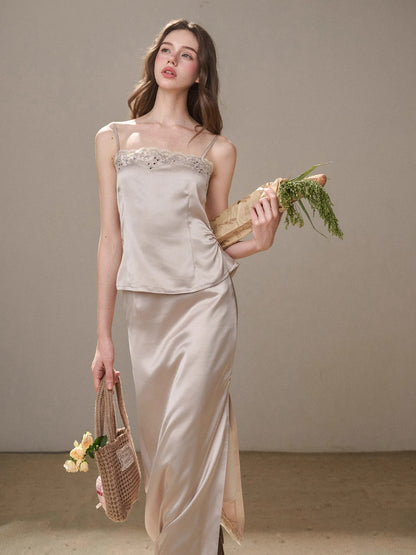 Cosagach Pearl Satin Embroidered Camisole &amp; Skirt Set