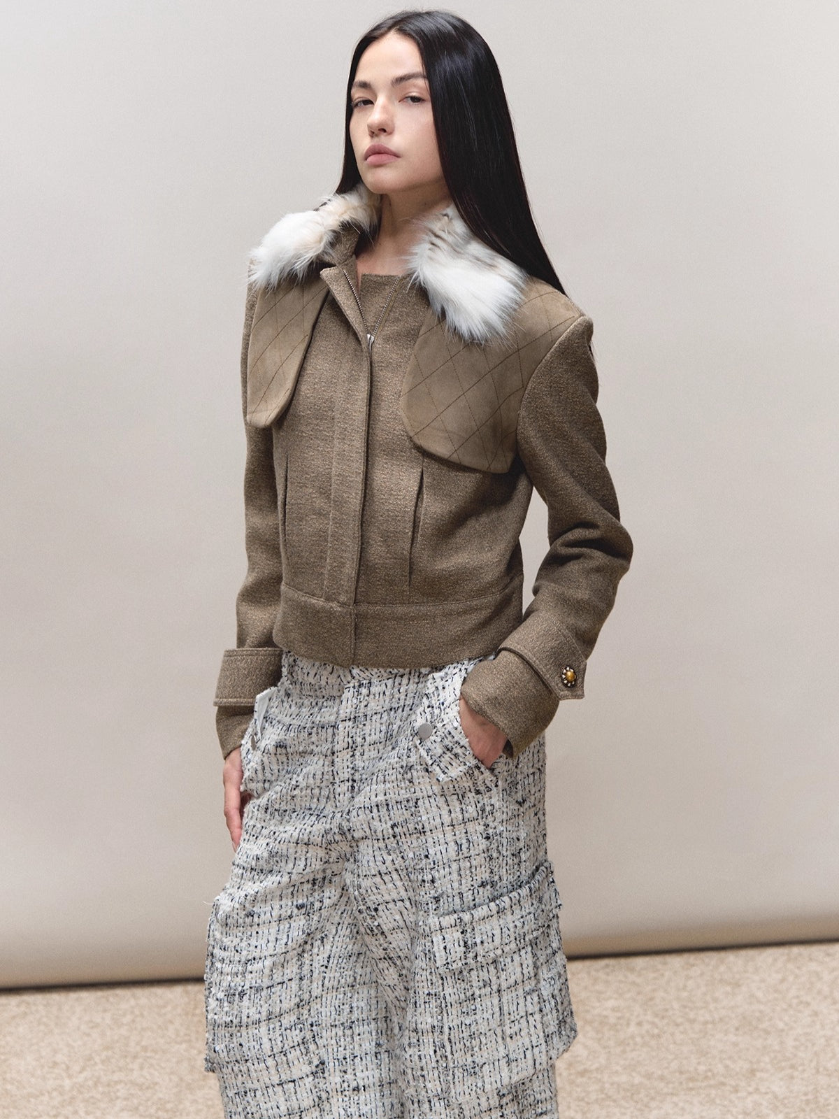 Contrast Quilted Fur-Collar Jacket