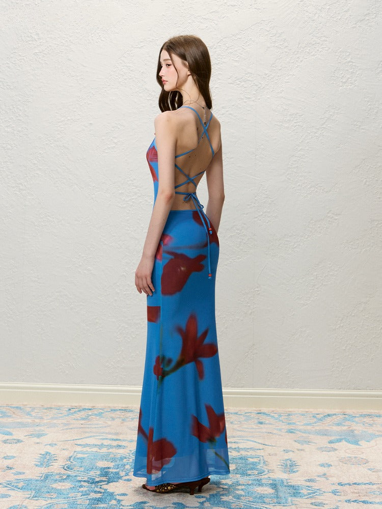 Blue Floral Print Backless Tie Dress