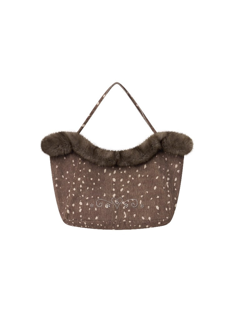 Deer Print Rhinestone Fur-Trim Tote