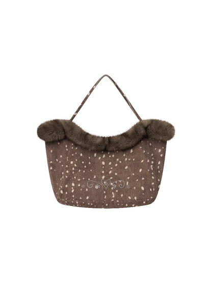 Deer Print Rhinestone Fur-Trim Tote