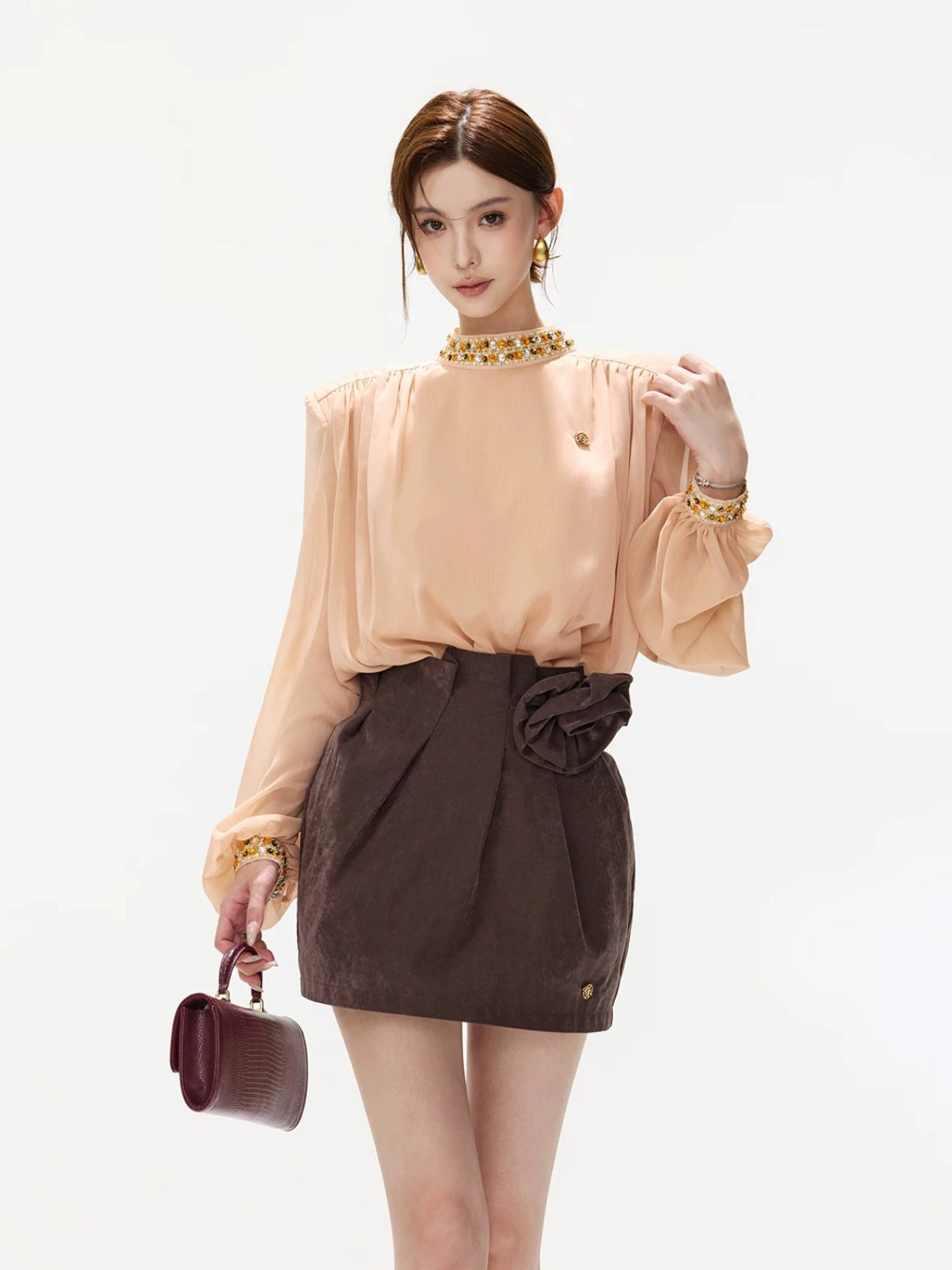 Pearl Chiffon Lantern Sleeve Blouse