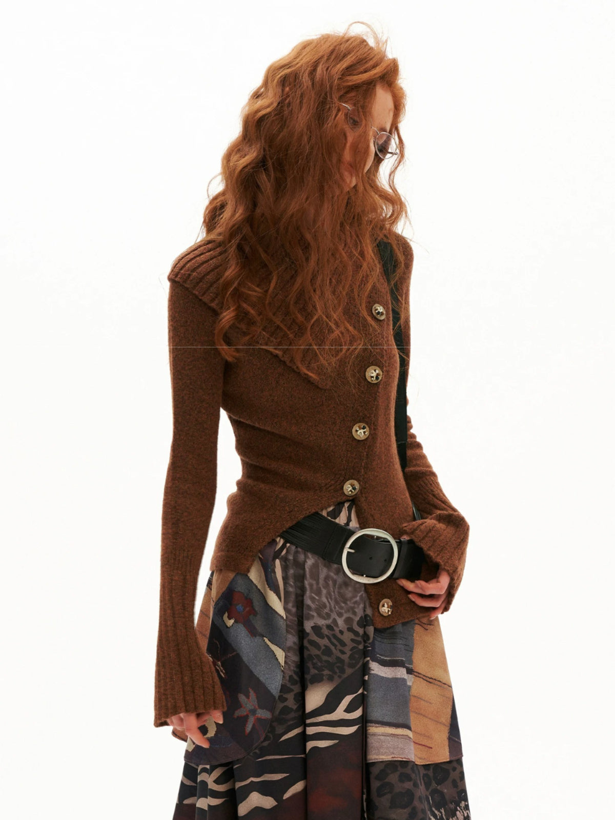Asymmetrical High Neck Fitted Knit Cardigan