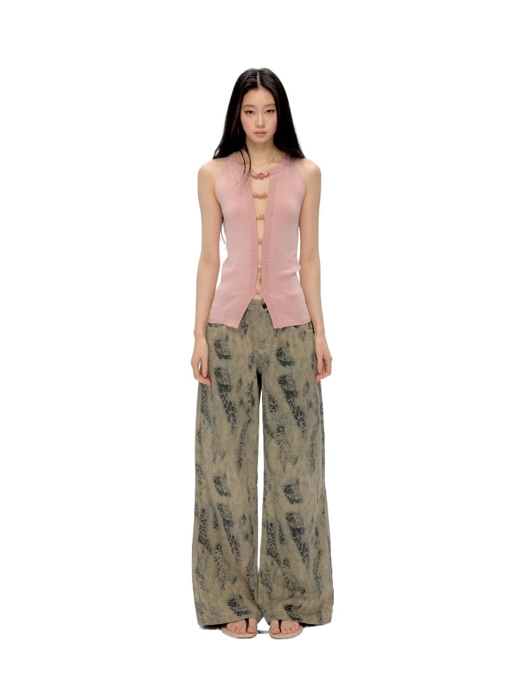 Leopard Print Straight Leg Grey Jeans