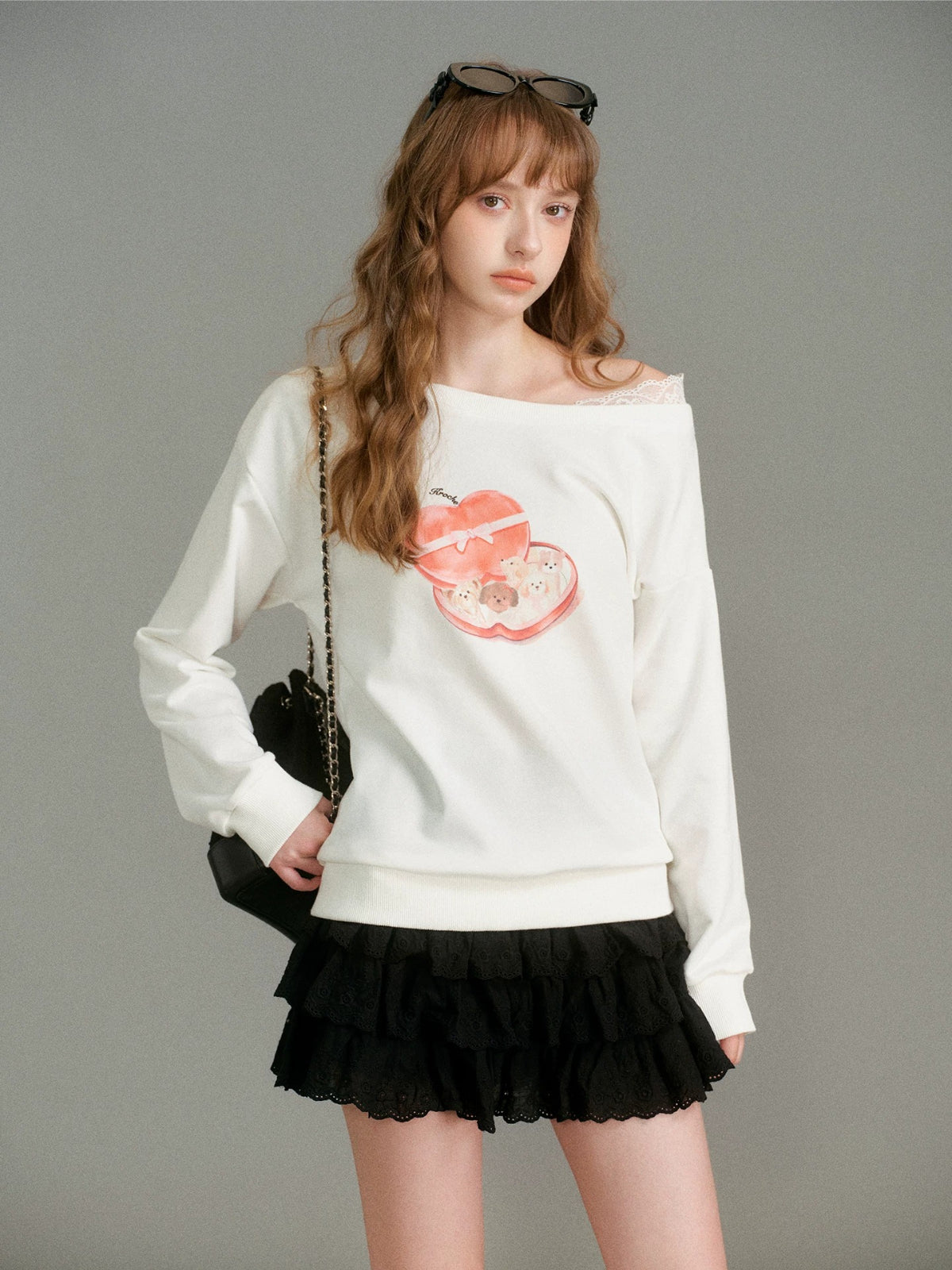 Lace Puppy Print Sweatshirt