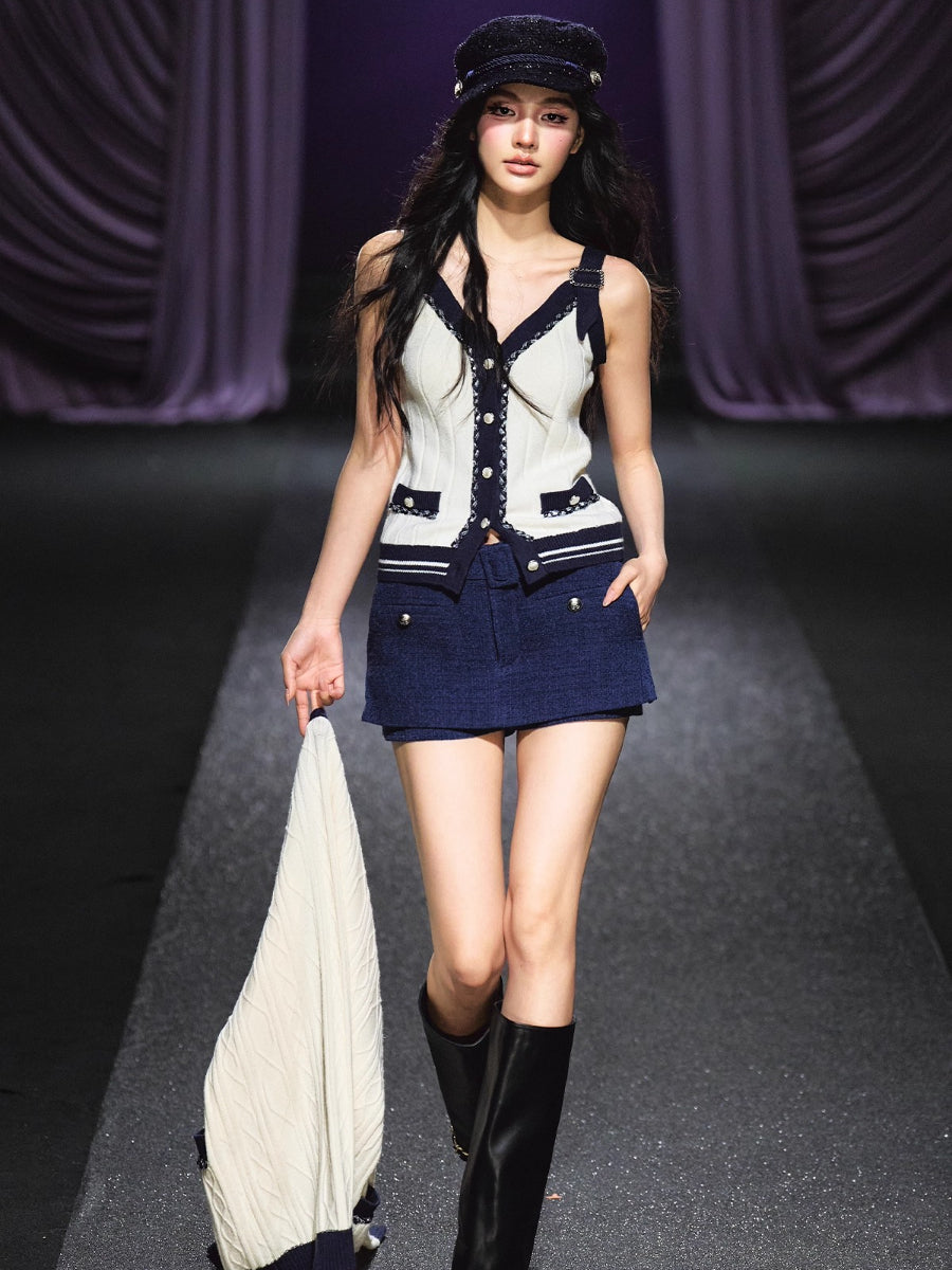 Contrast-Trim Knit Cardigan &amp; Vest Set