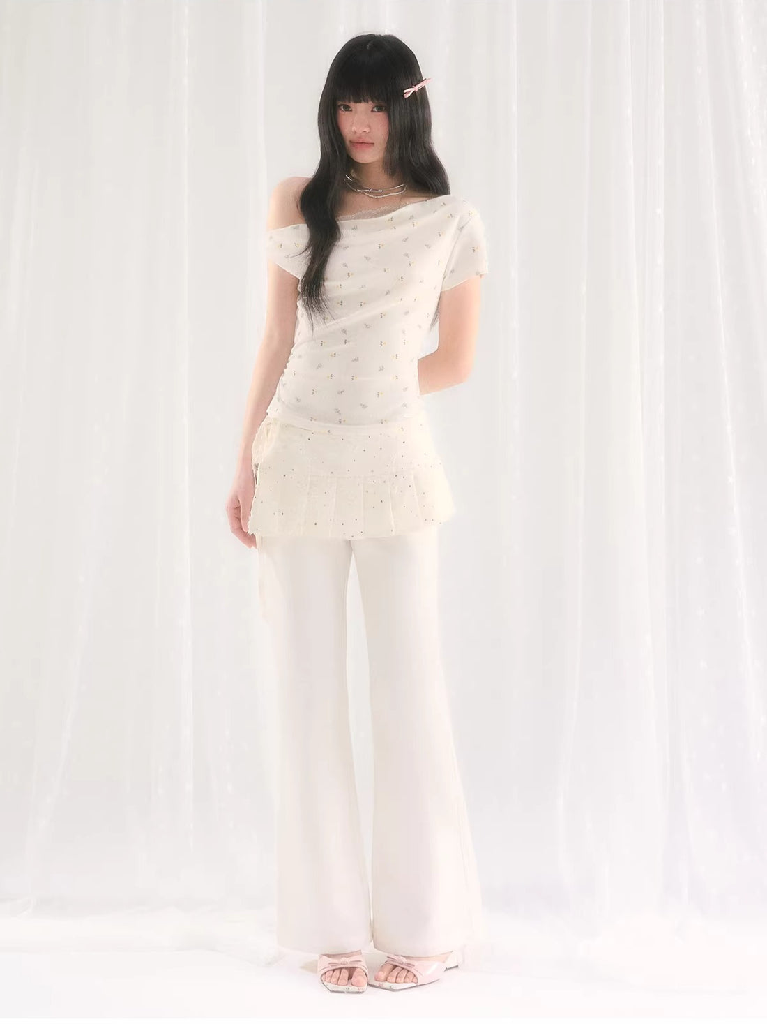 Apricot  Asymmetric Off-shoulder Floral Top