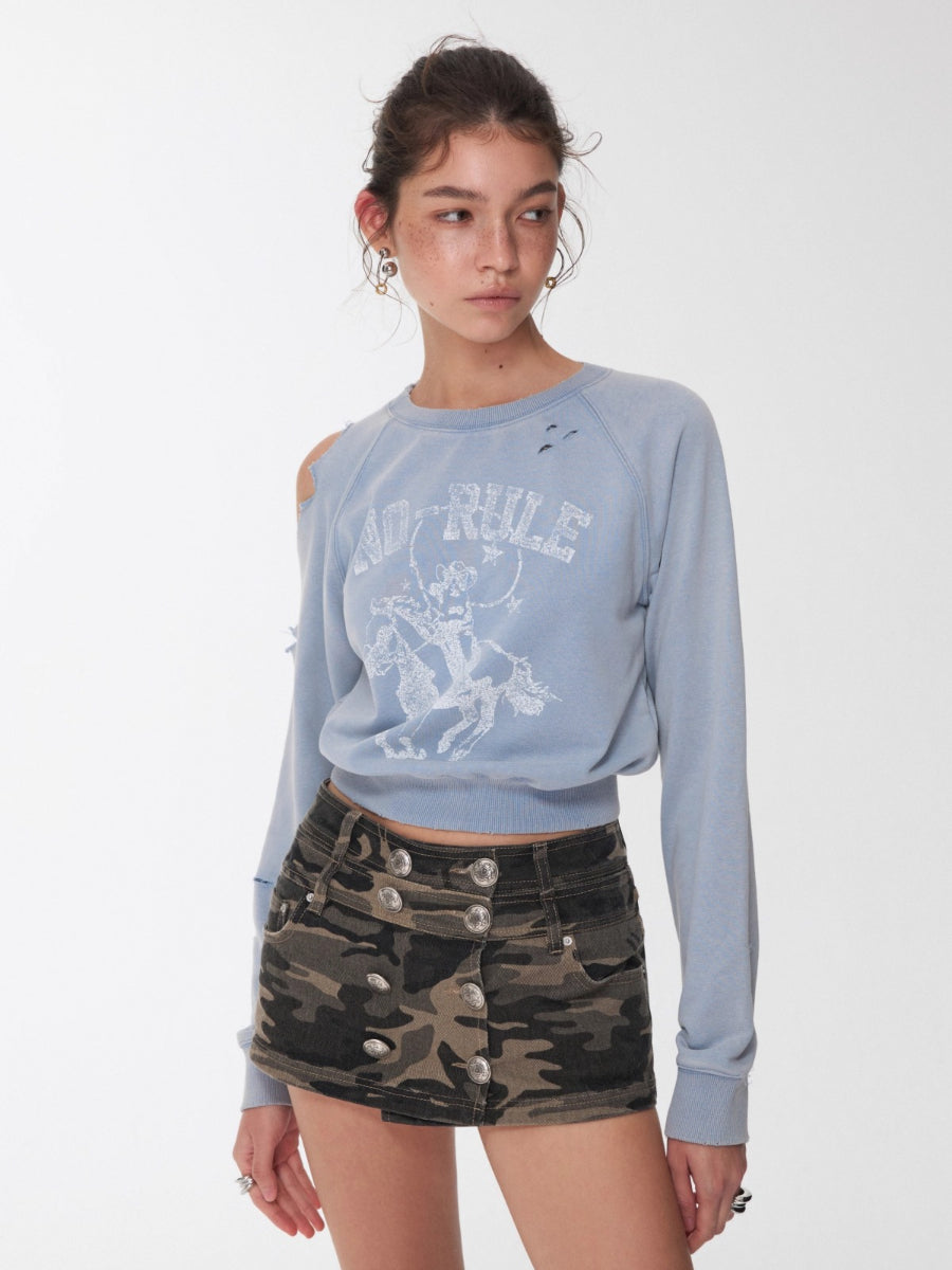 Washed Distressed Knight Cat Graphic Sweatshirt
