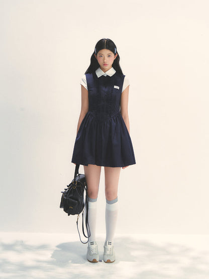 Miu-style Fake Two-piece Navy Blue Dress