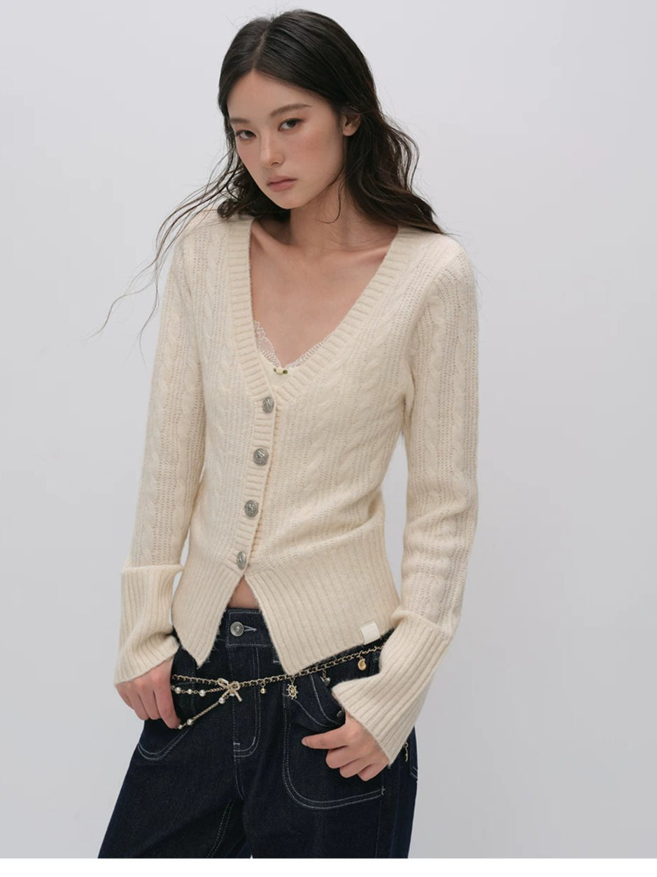 Cable-Knit V-Neck Cardigan