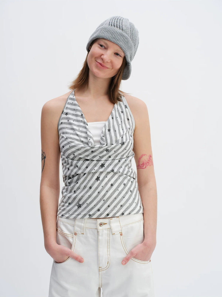 Fake Two-Piece Star Stripe Halter Top