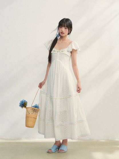 White Square Neck Hollow Embroidered Dress