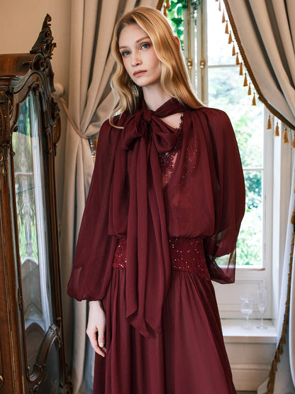 Milena Chiffon Lace Lantern Sleeve V-neck Dress