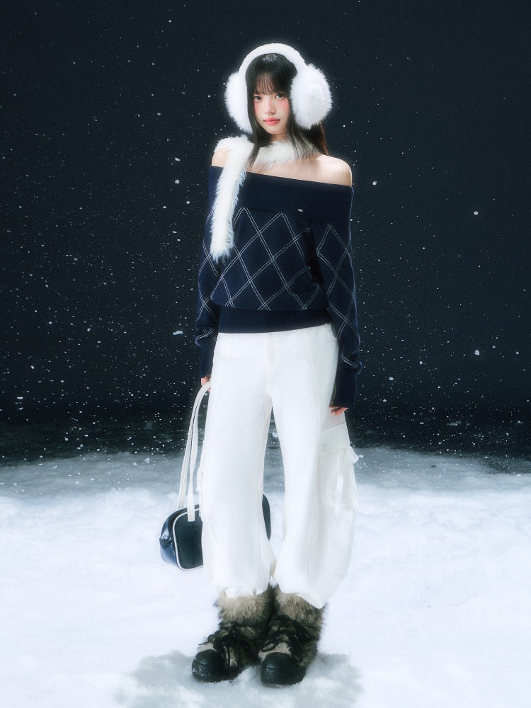 Navy Blue Off-shoulder Diamond-pattern Knit Sweater