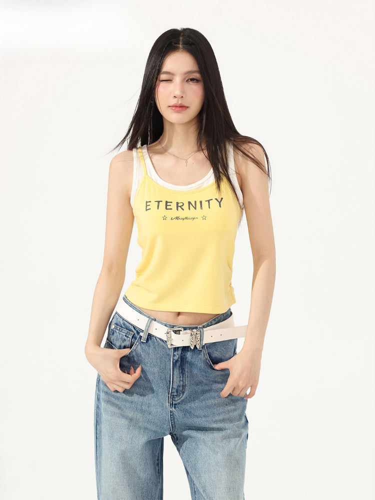 Fake Two-Piece Contrast-Color Spliced Tank Top