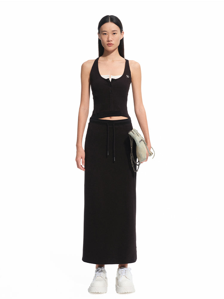 Contrast Color Fake Two-piece Waist Hollow Dress