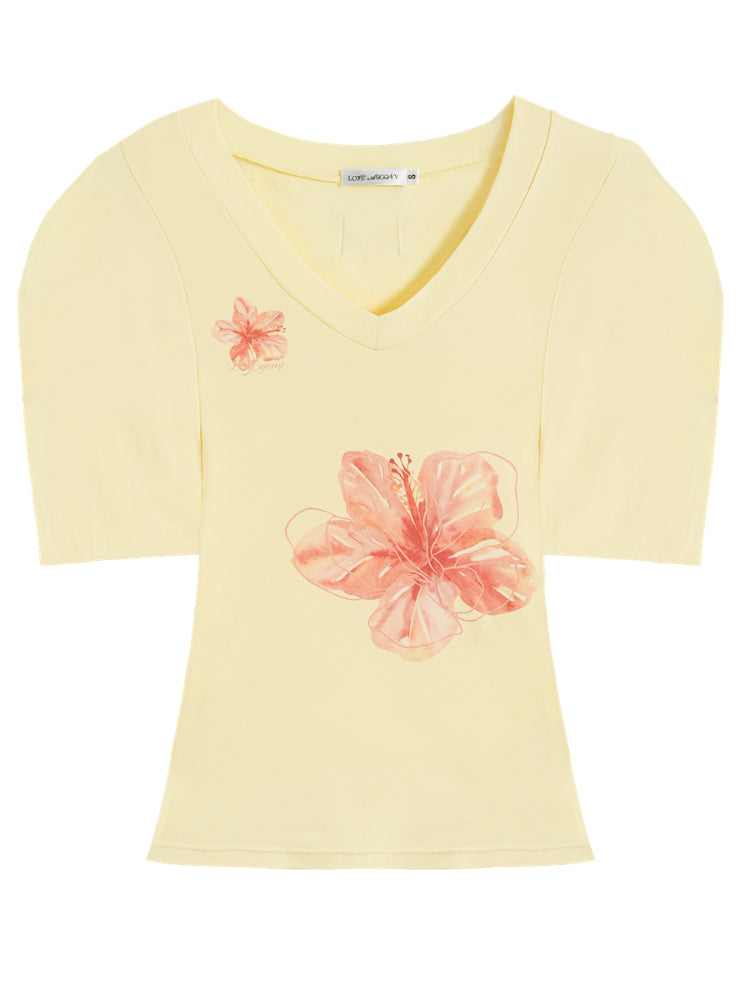 Floral V-Neck Bat-Sleeve T-Shirt