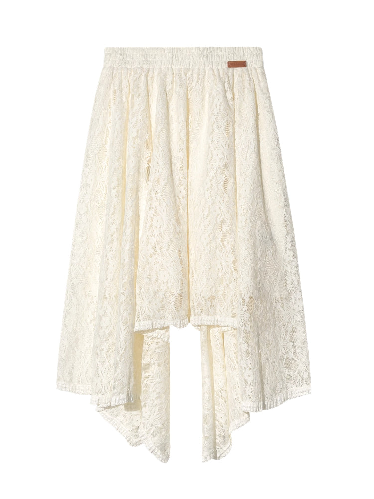 Beige Lace Irregular Hem Midi Skirt