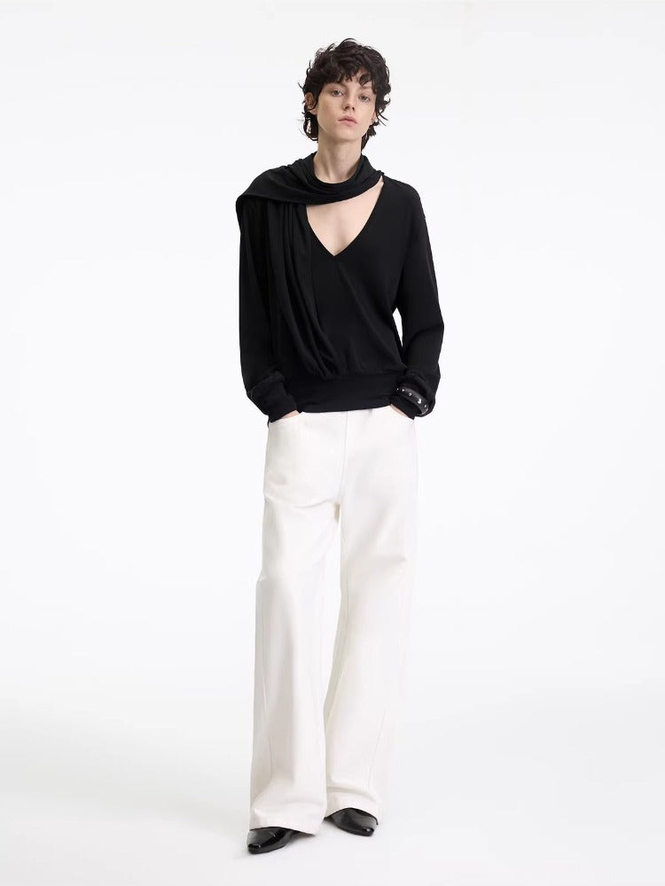 Beige Polka Waist Straight Jeans