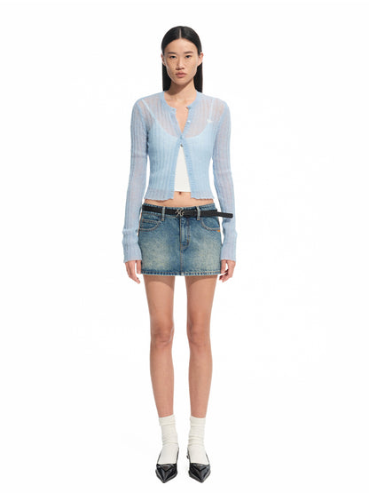 Vintage Washed Twill Patchwork Leather Straight Short Skirt
