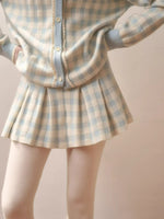 Contrast Gingham Knit Cardigan & Skirt Set