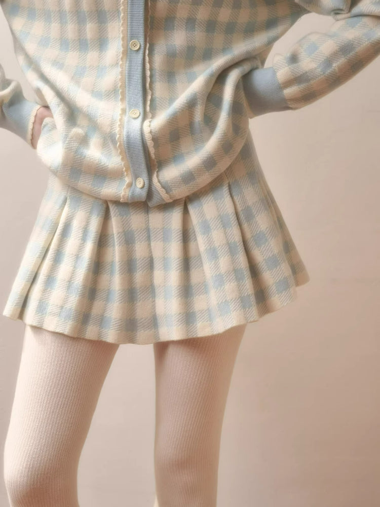 Contrast Gingham Knit Cardigan &amp; Skirt Set