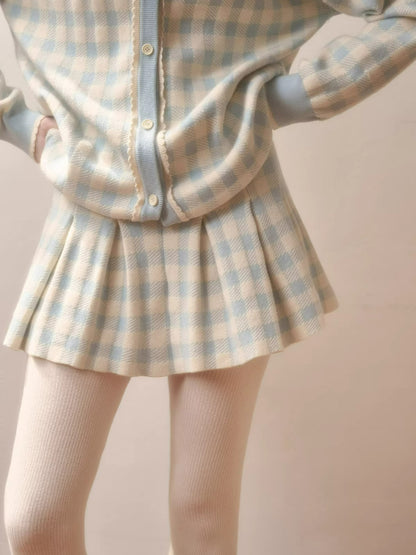 Contrast Gingham Knit Cardigan &amp; Skirt Set