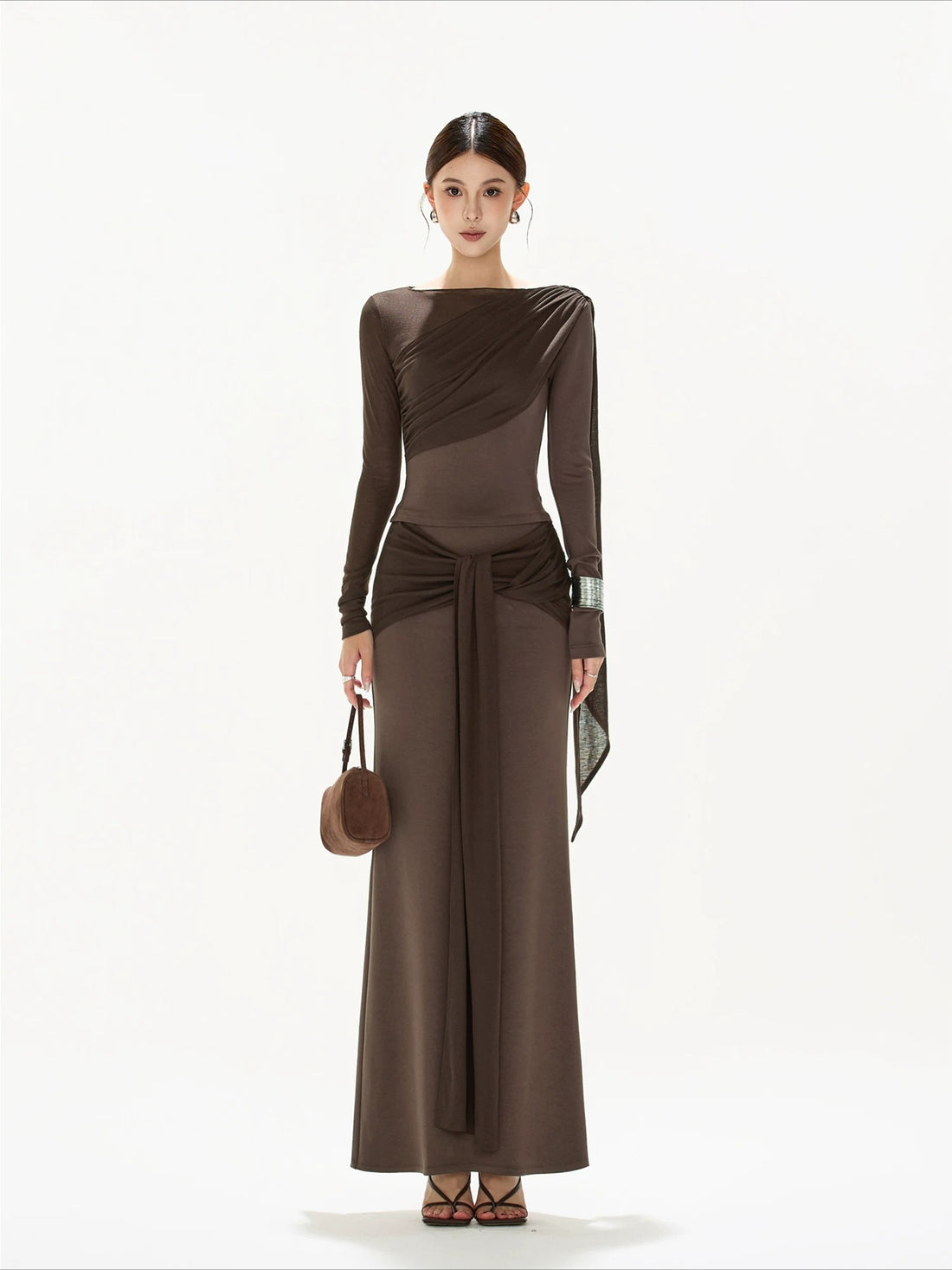 Brown Ruched Knit Blouse &amp; Skirt Set