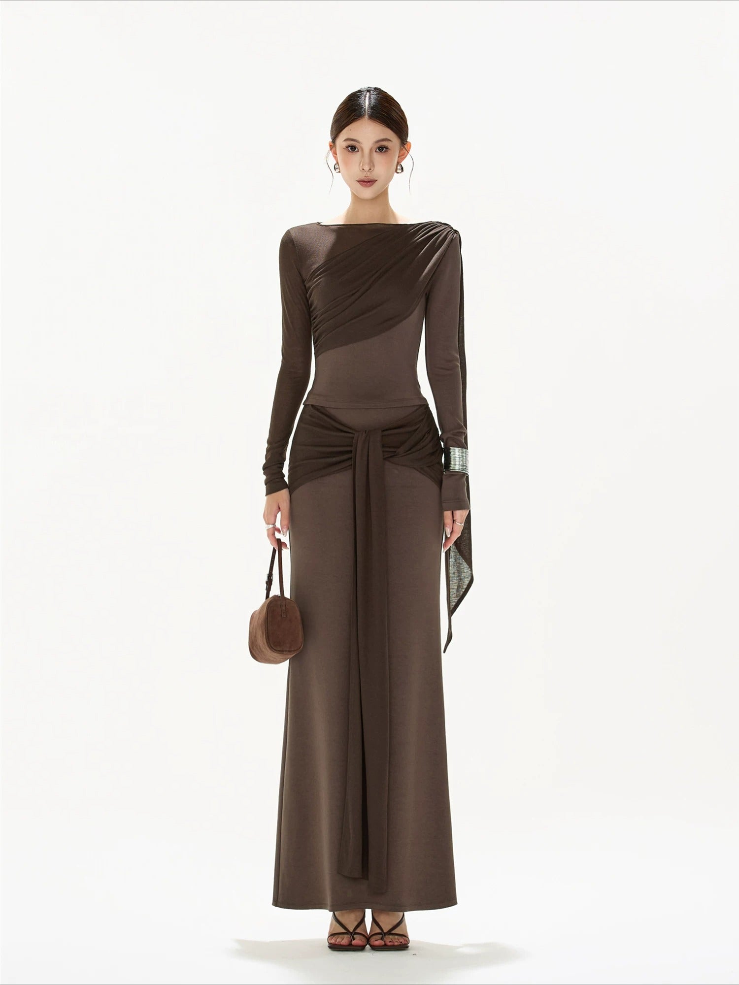 Brown Ruched Knit Blouse &amp; Skirt Set