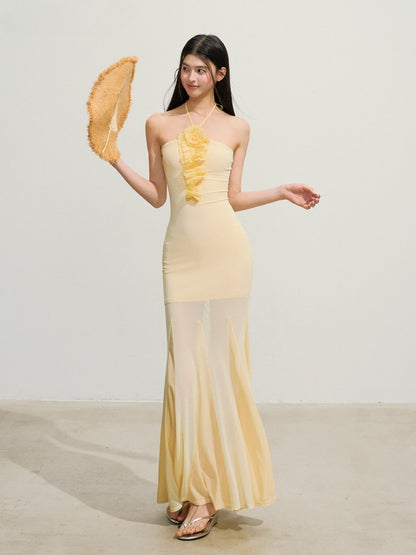 Yellow Floral Halter Waist Dress