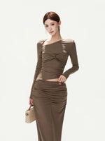 Retro Knit Off-Shoulder Top & Ruched Skirt Set