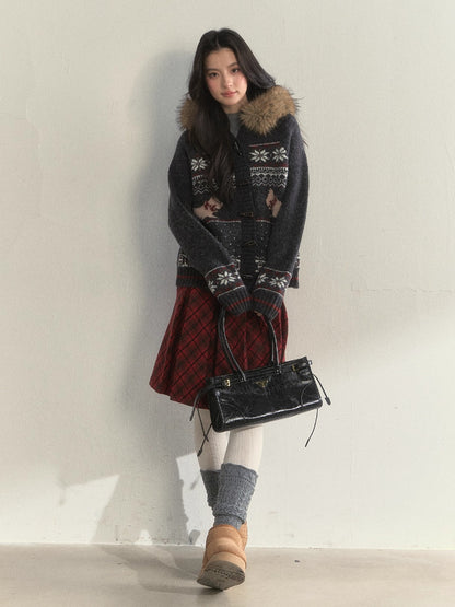 Fair Isle Dog Fur-Collar Cardigan
