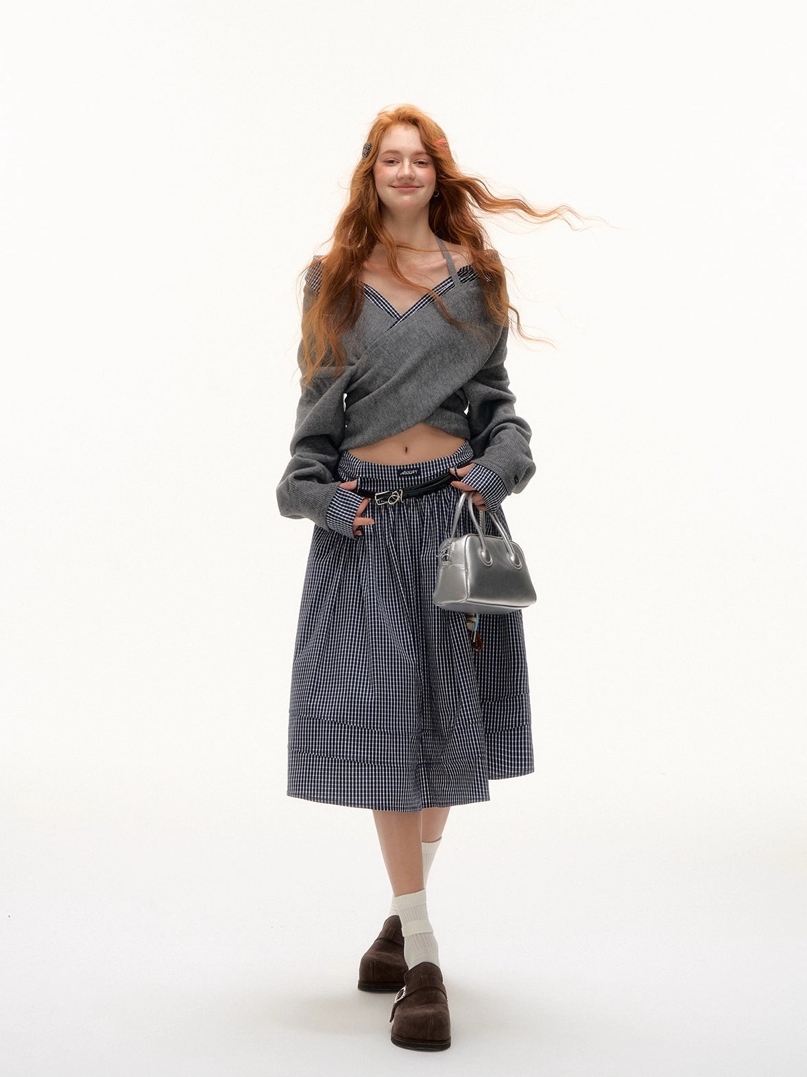 Off-Shoulder Plaid Panel Cross Sweater