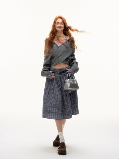 Off-Shoulder Plaid Panel Cross Sweater