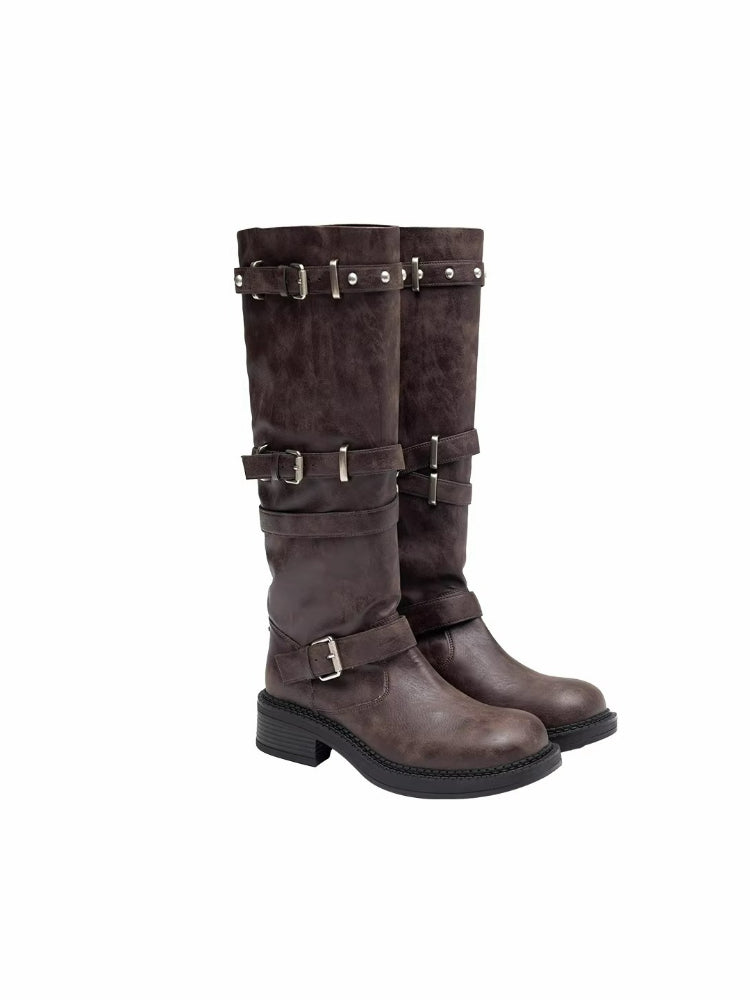 Distressed Stud Strap Mid-Calf Boots