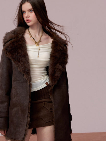 Faux Shearling-Lined PU Belted Coat
