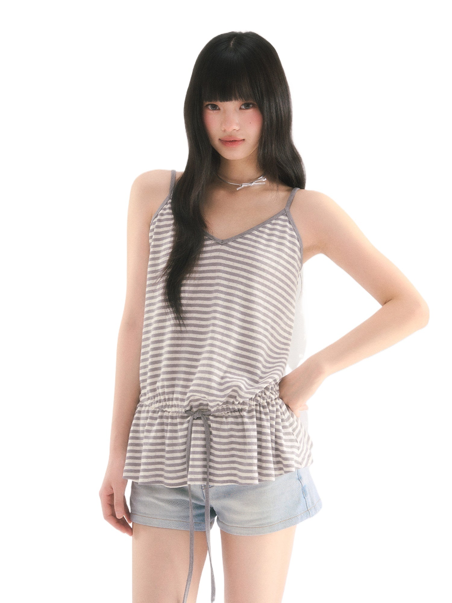 Gray Stripe Drawstring Top