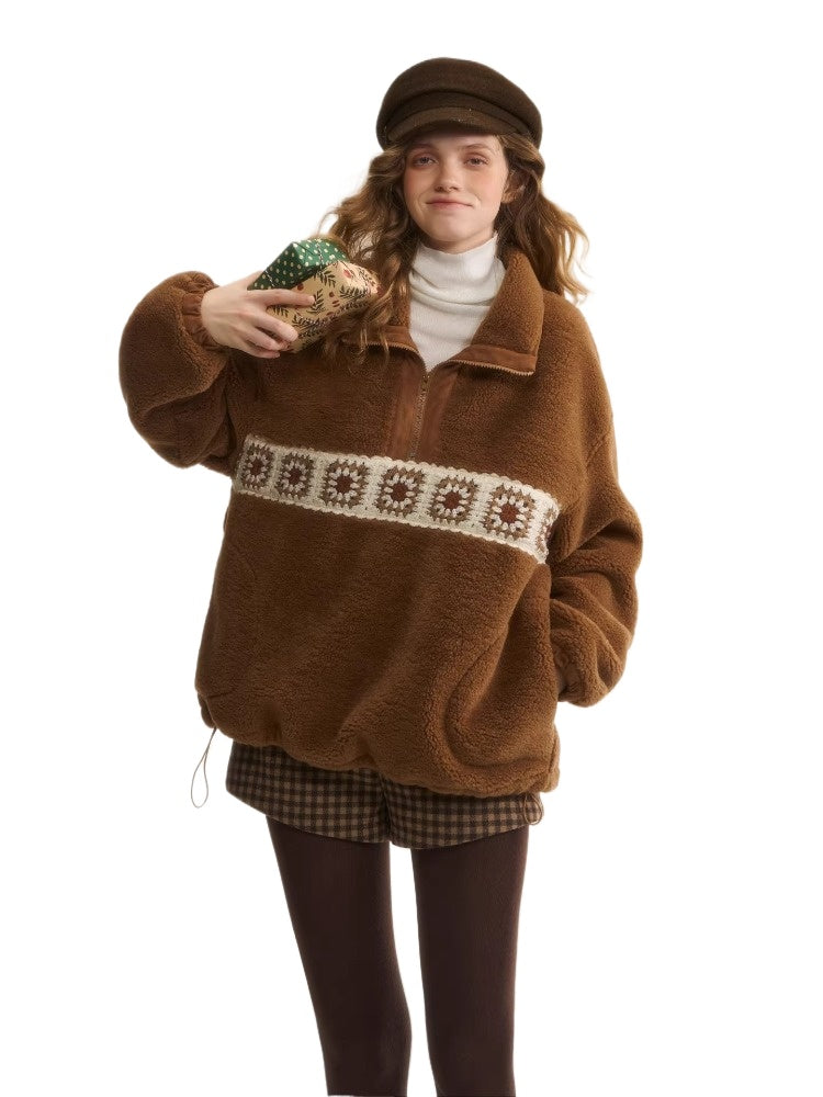 Brown Patchwork Teddy Fleece Zip-Up Sweatshirt