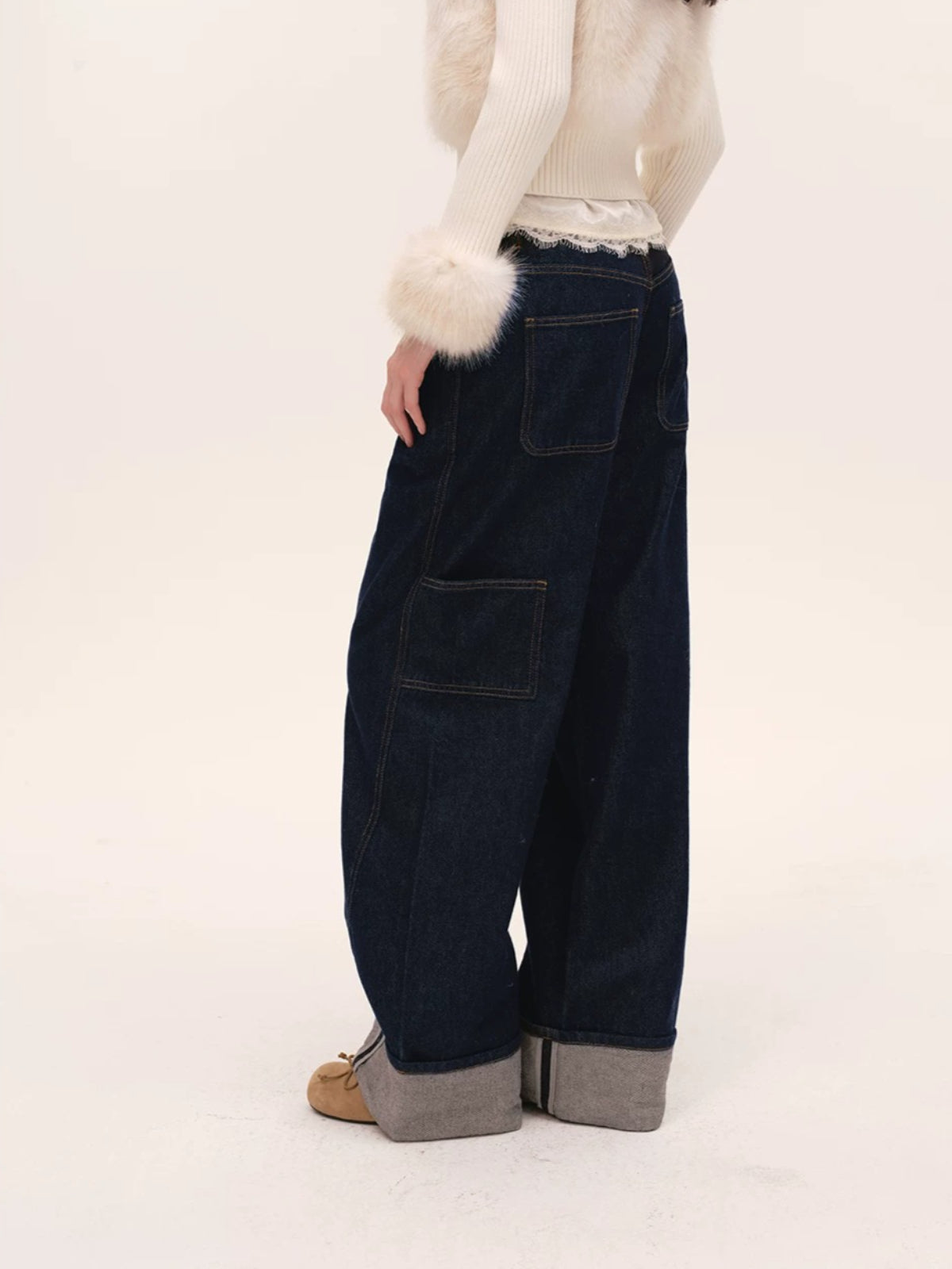 Indigo Button Front Wide-Leg Jeans